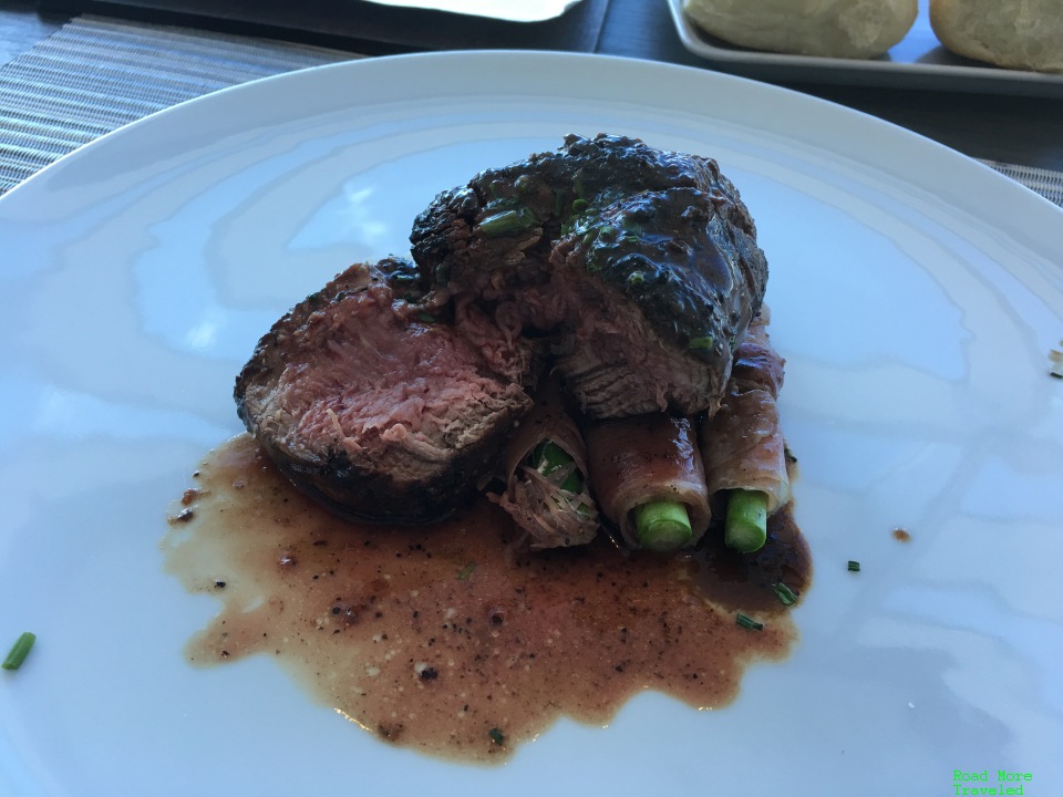 JFK Flagship First Dining main course - filet with asparagus