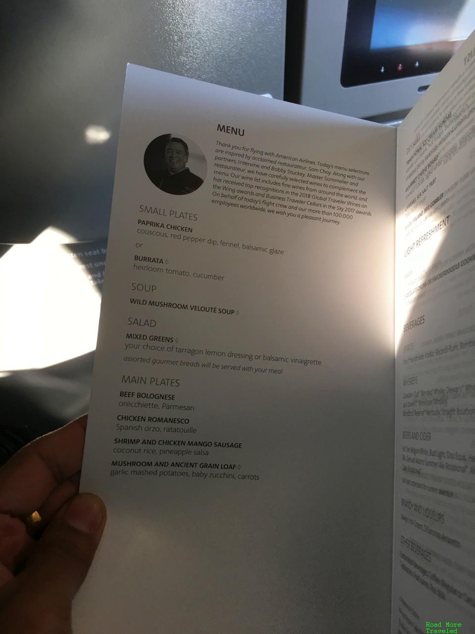 American Airlines A321T First Class - dinner menu