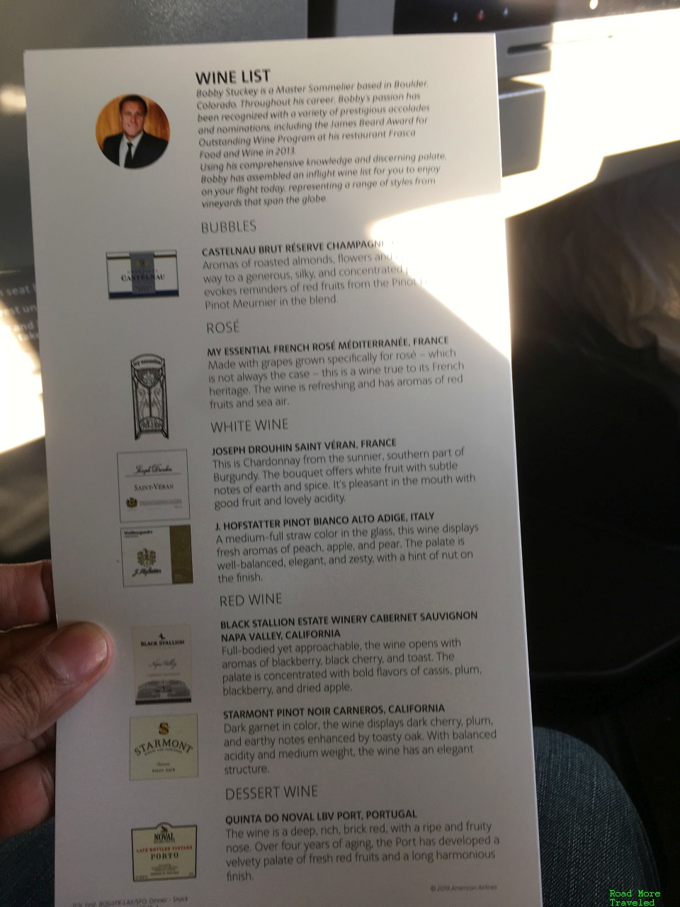 AA Transcon First Class wine list