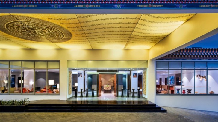 a building with a yellow ceiling