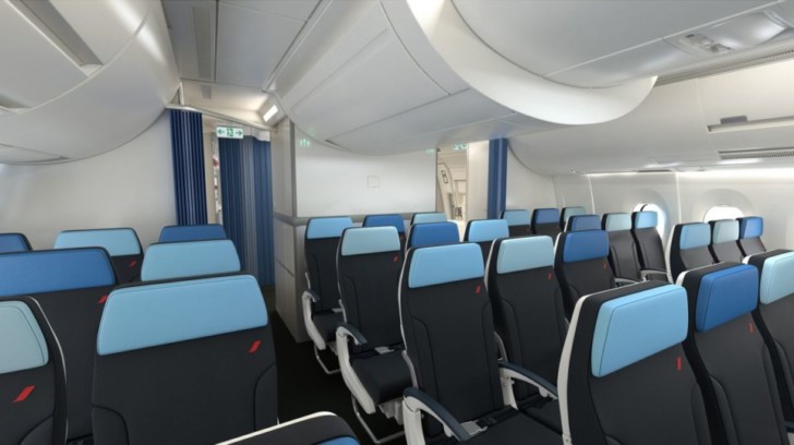 a plane with blue and black seats