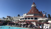 a pool with people swimming in it with Hotel del Coronado in the background