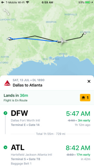 Flighty app enroute flight map