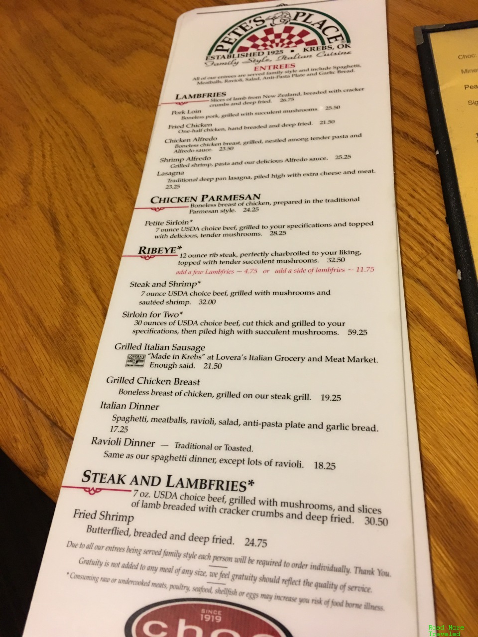 Pete's Place menu