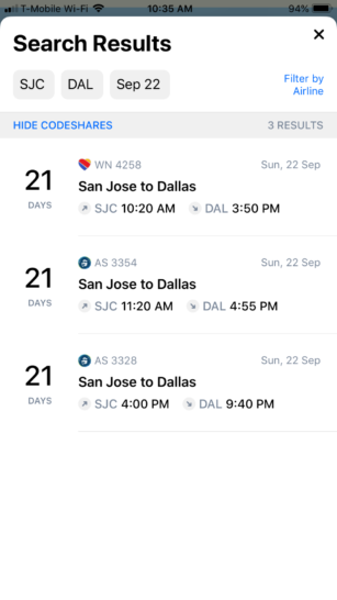 Flighty app search results
