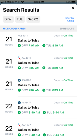 Flighty app alternate flights listing