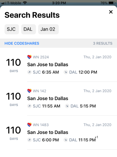 New flight schedule, same day, same city pair