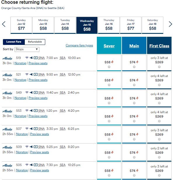 a screenshot of a flight schedule