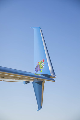 a blue tail fin of an airplane
