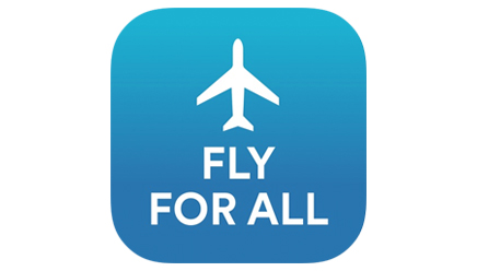 a blue square with a white airplane and text