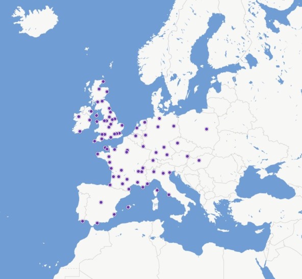 a map of europe with purple dots