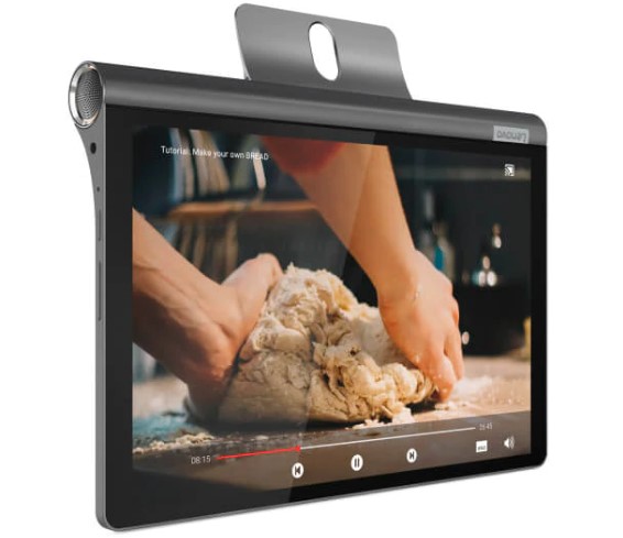 a tablet with a screen showing a video
