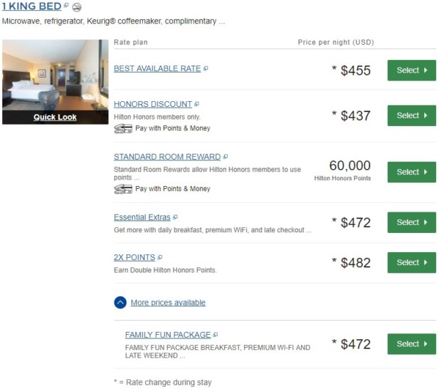 a screenshot of a hotel price list