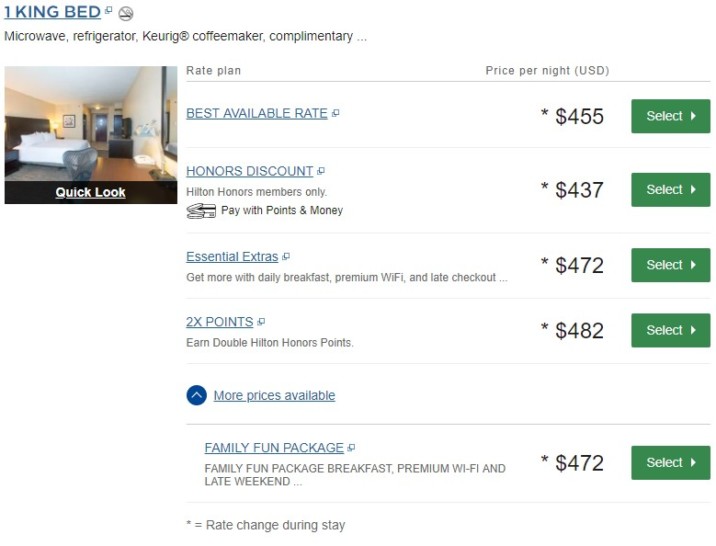 a screenshot of a hotel price list