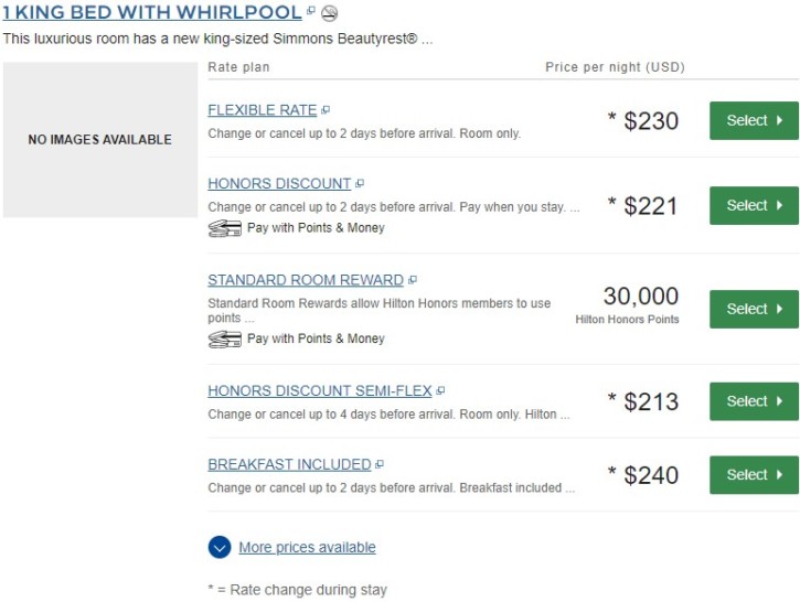 a screenshot of a hotel price list