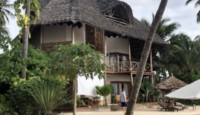 a building with a thatched roof and palm trees