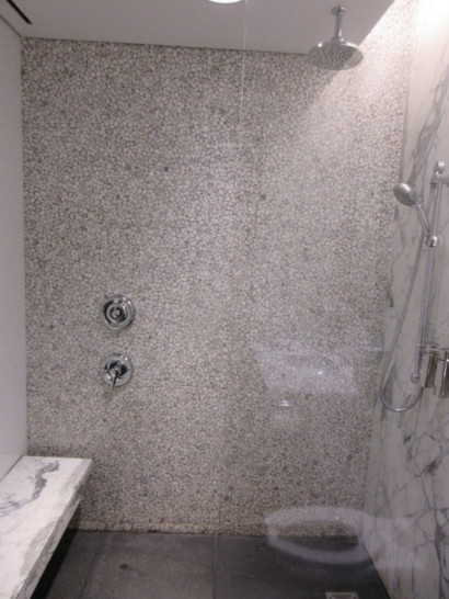 a shower with a toilet and a sink