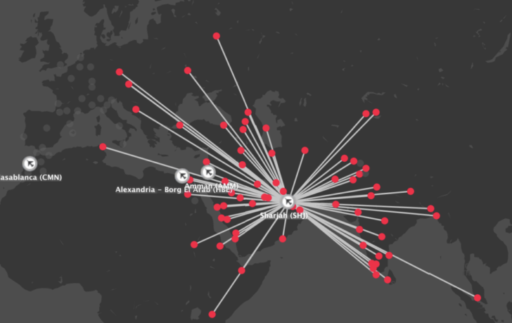 a map of the world with red dots and white lines