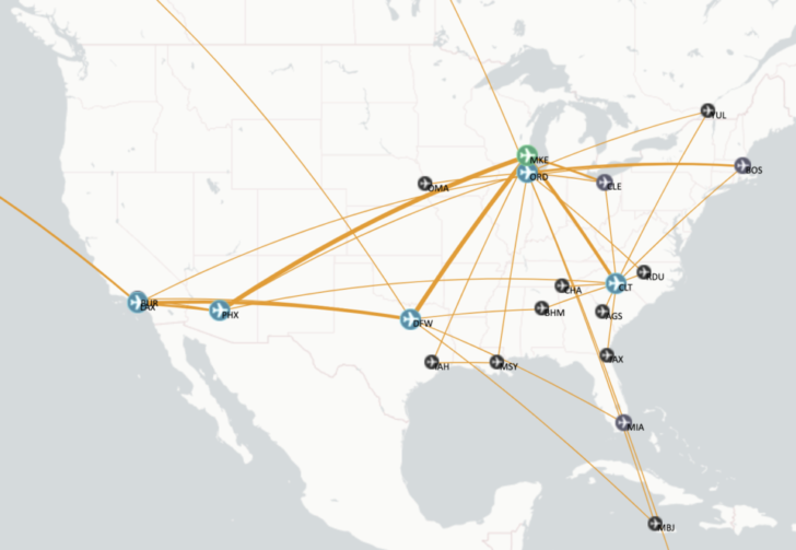 a map of the world with orange lines and points
