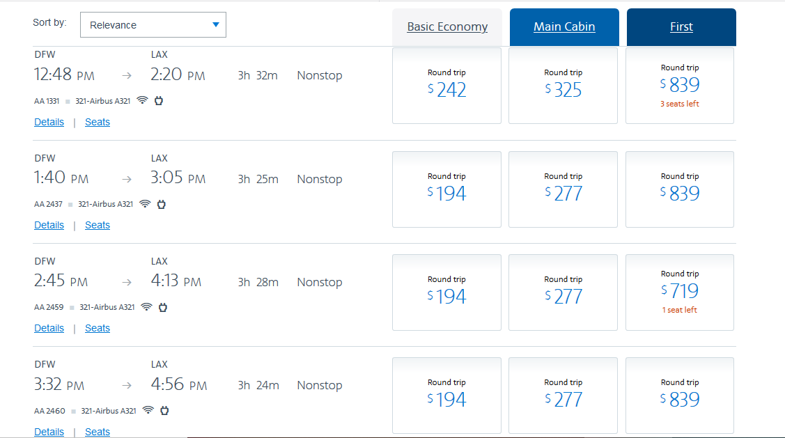 AA DFW-LAX current fares