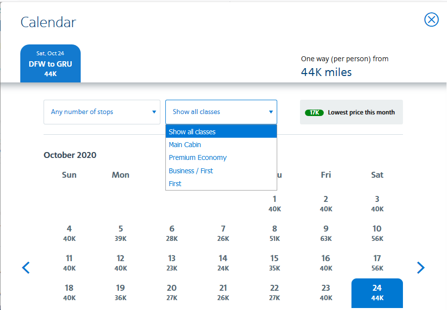 AAdvantage Award Calendar filter by class