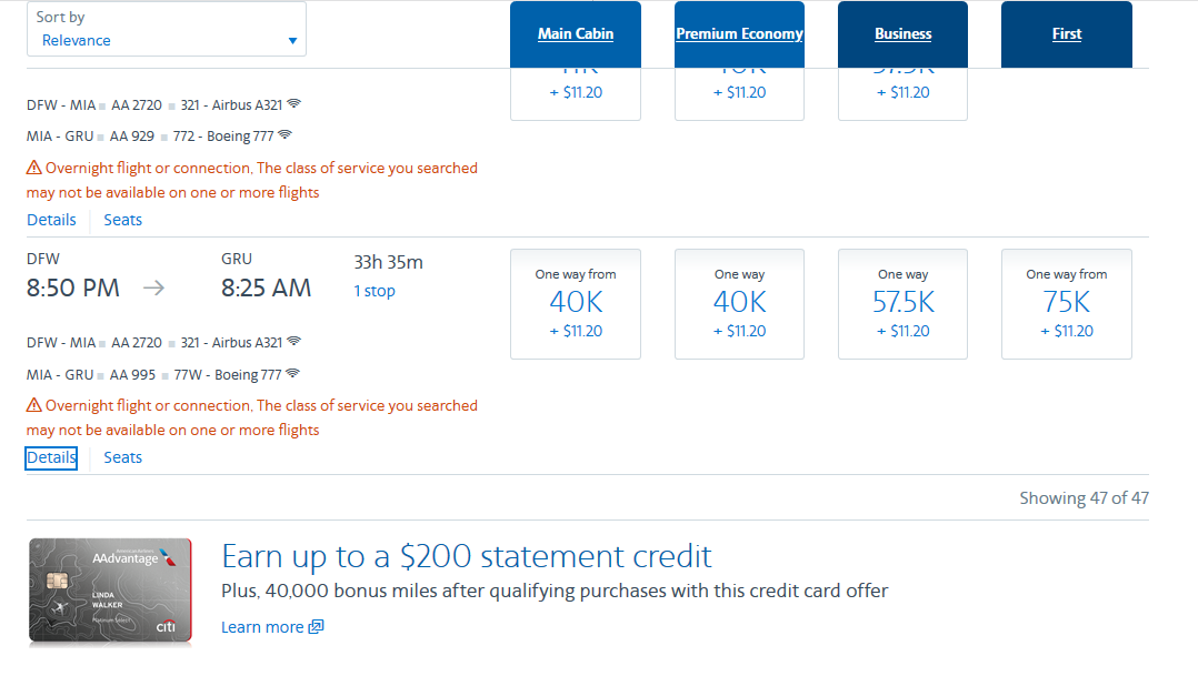 AAdvantage Premium Cabin Web Specials married segment logic