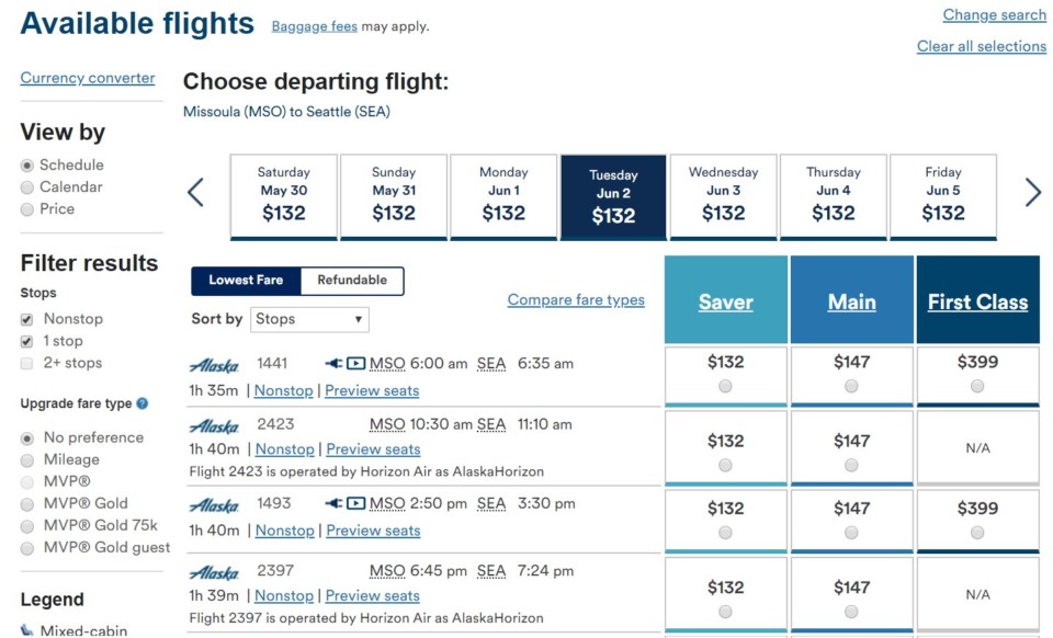 a screenshot of a flight schedule