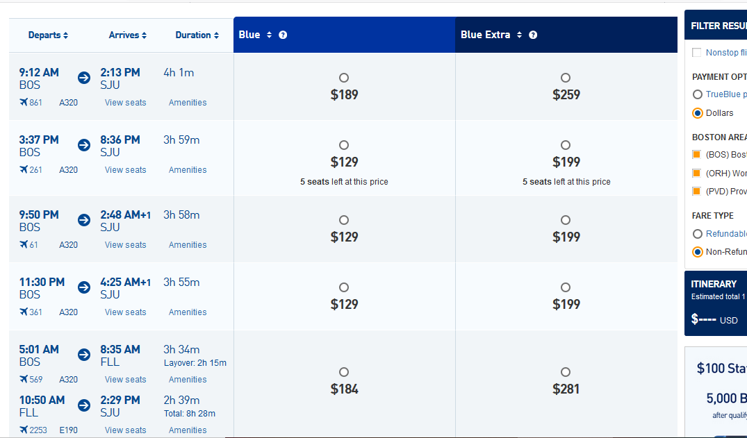 jetBlue BOS-SJU before Blue Basic