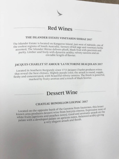 a menu of wine and dessert