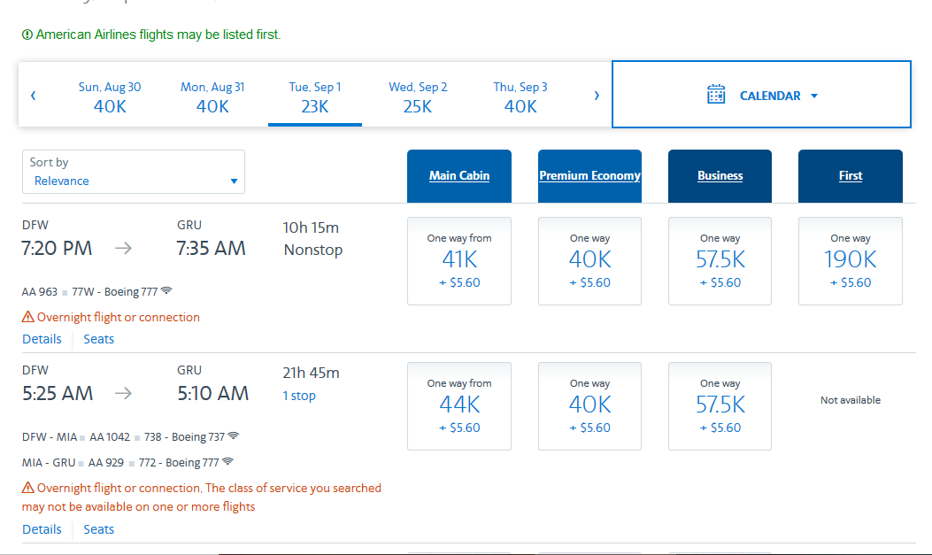 DFW-GRU nonstop pricing