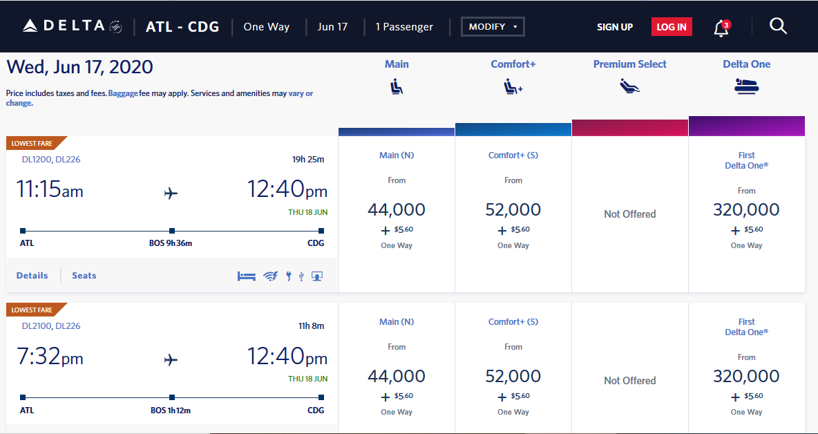 Delta SkyMiles Business Award Pricing