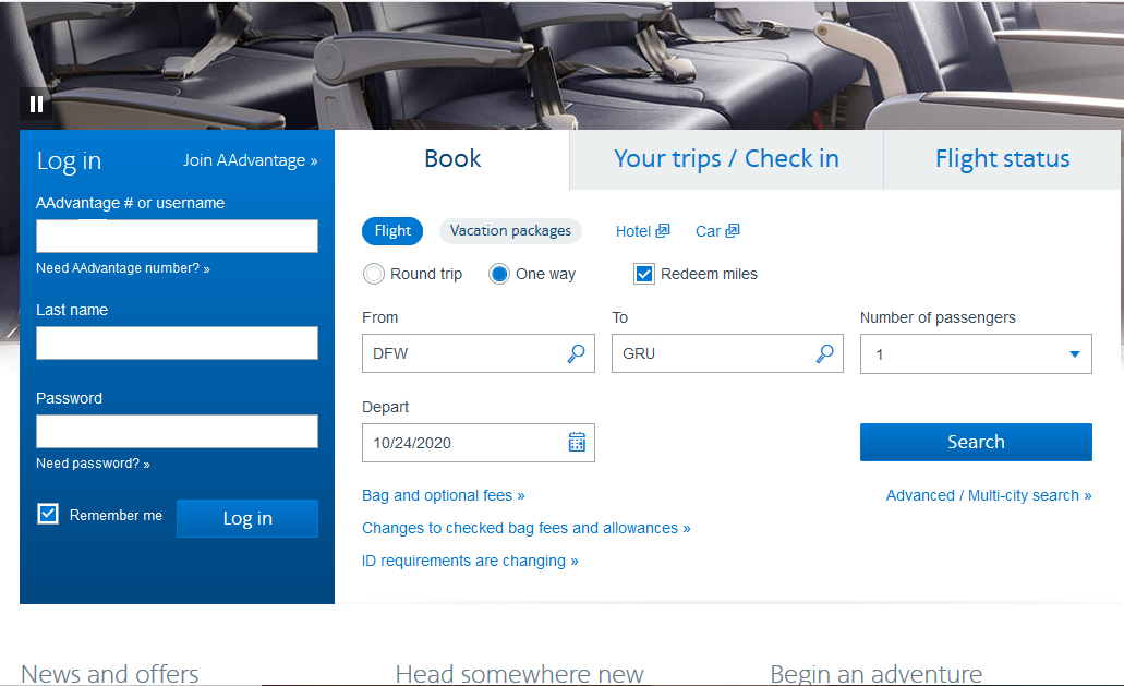 Initiating AAdvantage Award Search - Main Page