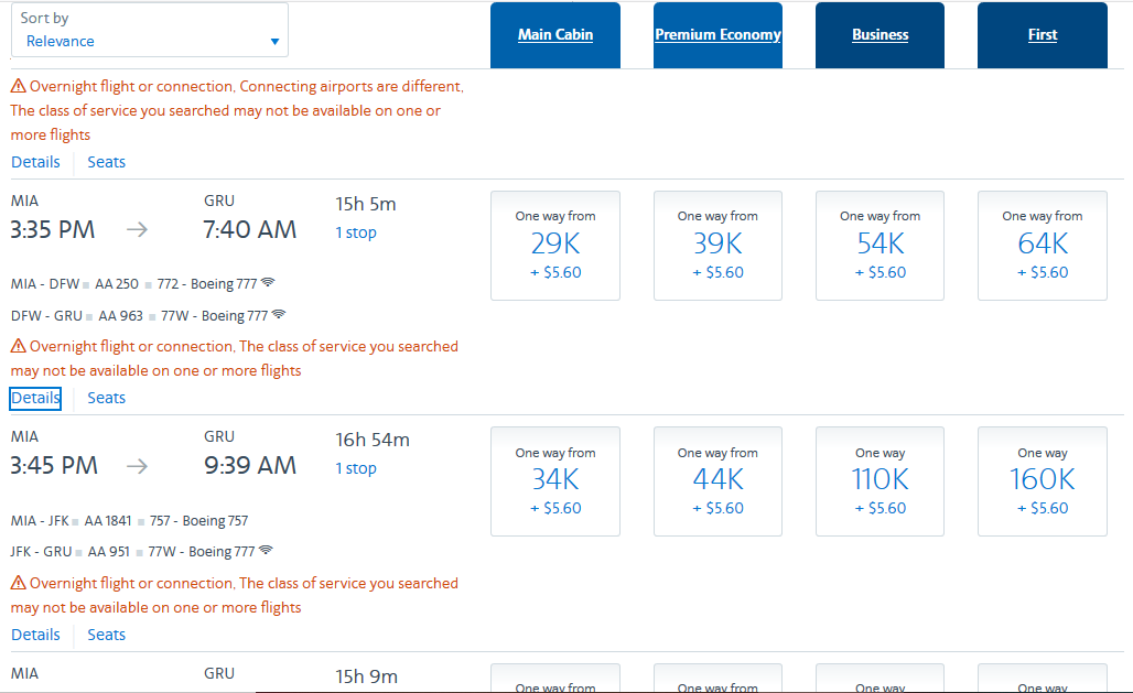 MIA-GRU AAdvantage Premium Cabin Web Specials married segment logic