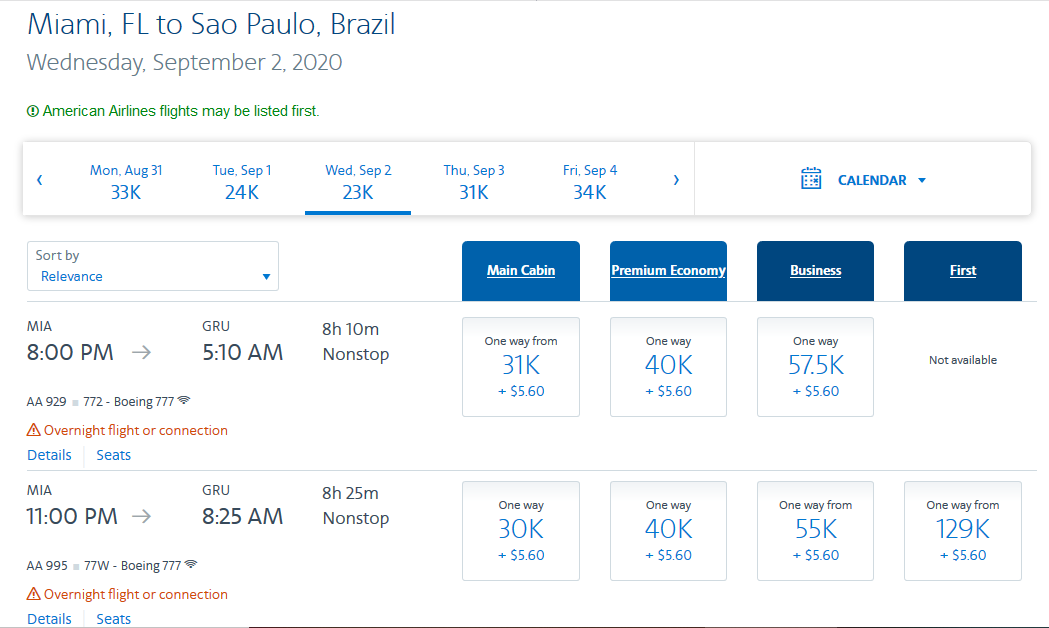 MIA-GRU nonstop pricing