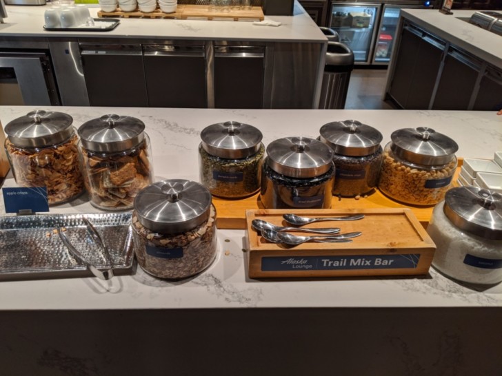 a counter with a variety of food items