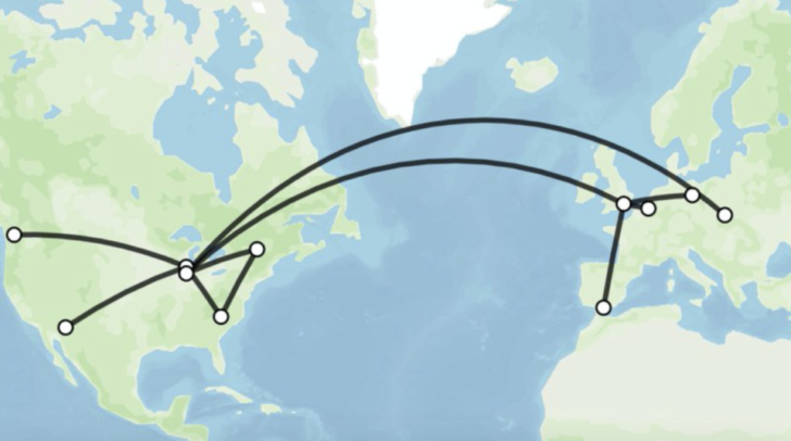 a map of the world with a route