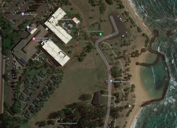 aerial view of a beach and buildings