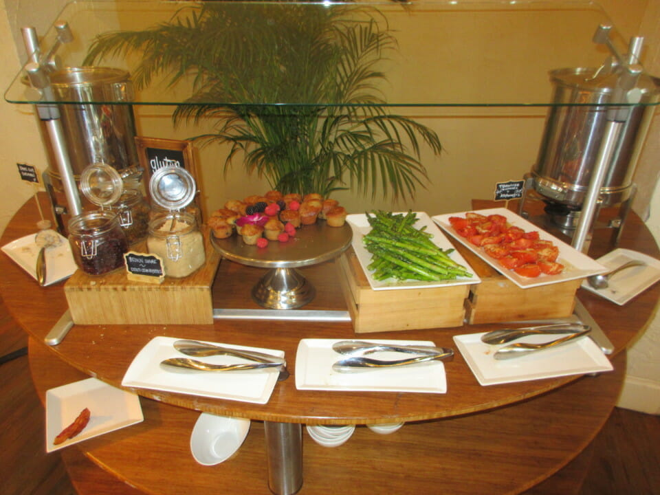 a table with plates of food on it