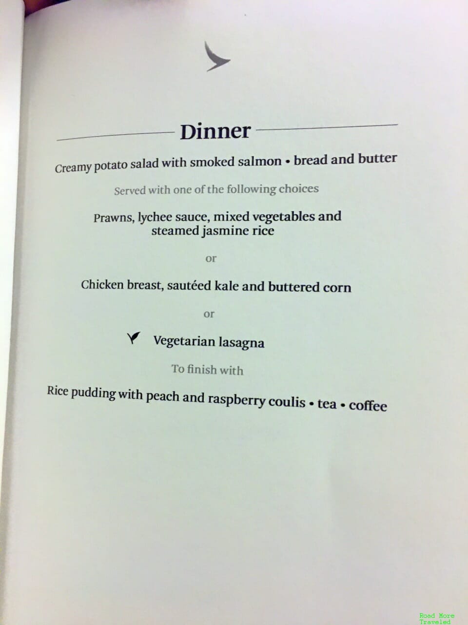 Cathay Pacific Premium Economy dinner menu
