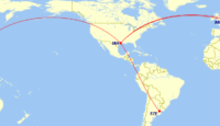 a map of the world with a red line