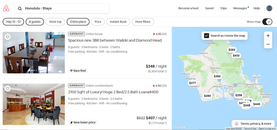 Renting an Airbnb - search results