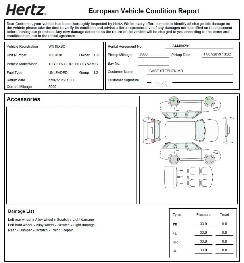 a car condition report with a car roof and roof top