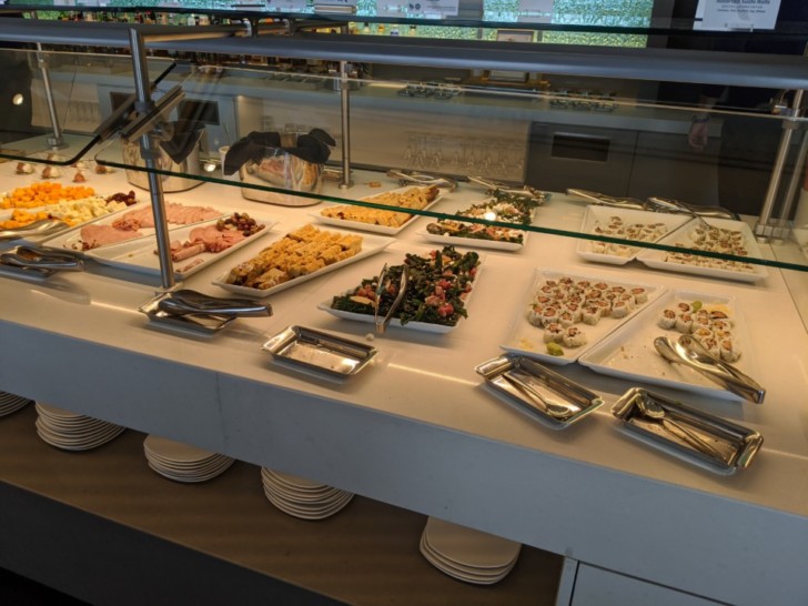 a buffet with food on the counter