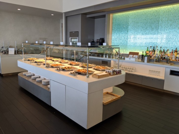 a buffet with food on the counter