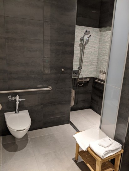 a bathroom with a toilet and shower