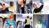 a collage of a woman cleaning an airplane
