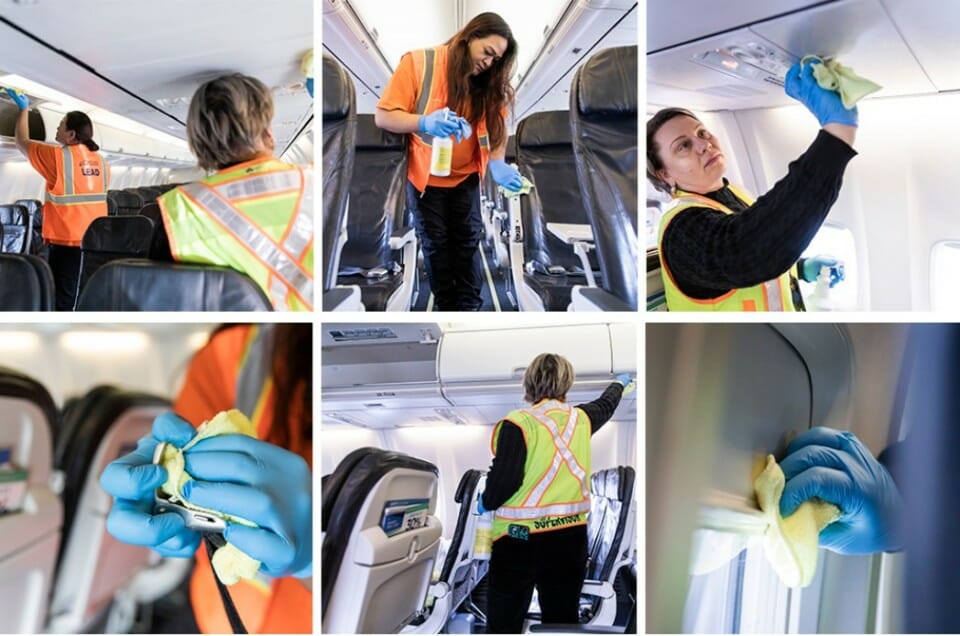 a collage of a woman cleaning an airplane