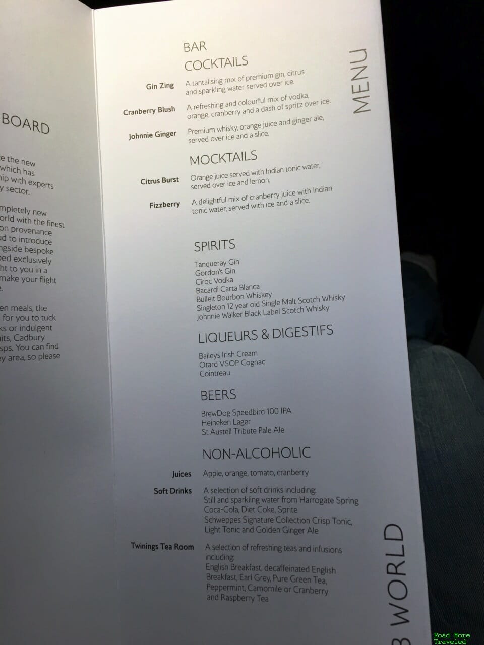 BA Club World cocktail/liquor/soft drink menu