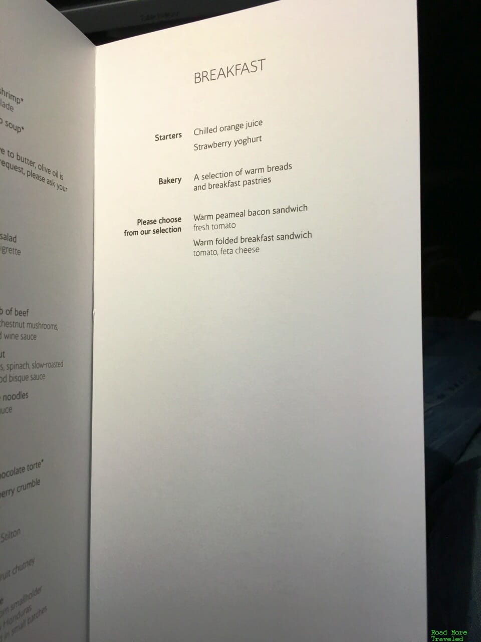 BA Club World breakfast menu