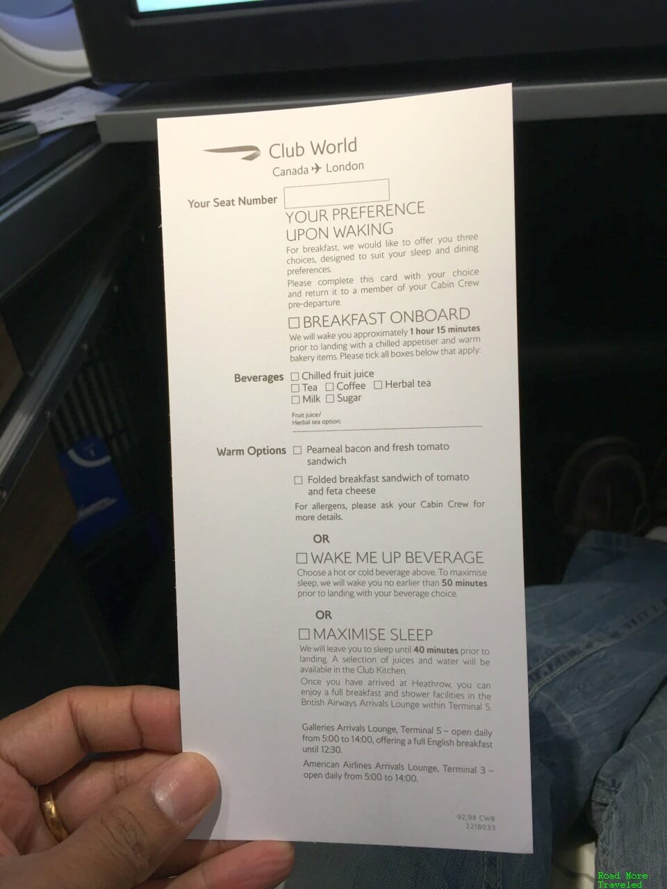 BA Club World breakfast card